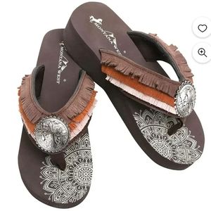 Brown Fringe Three Cross Emblem Platform Wedge Flip-Flops Montana West